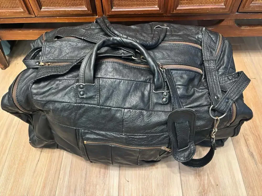 70s Vintage Large Black Genuine Cowhide Leather Travel Duffle Weekender Bag